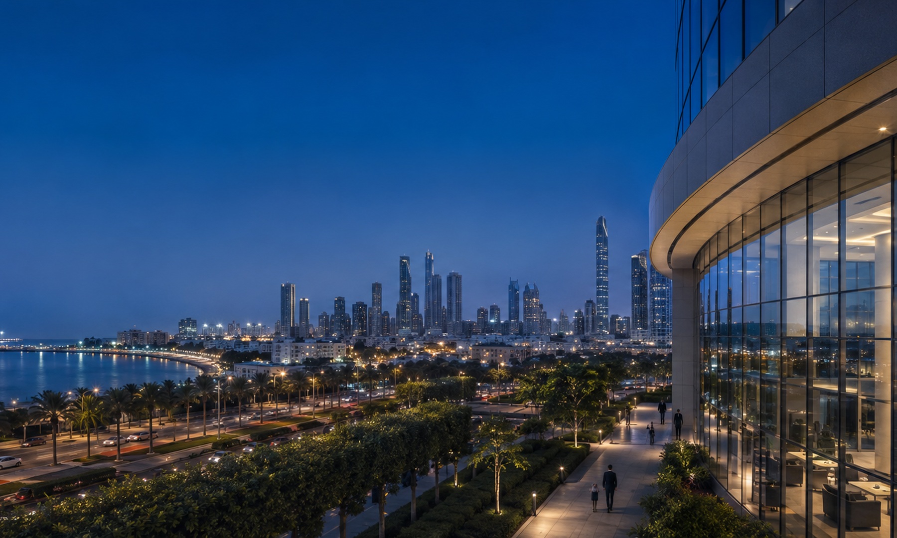 Modern waterfront buildings at dusk